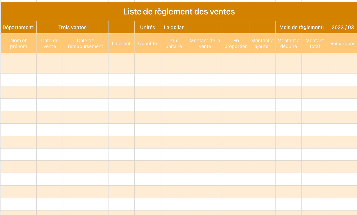 Liste de règlement des ventes